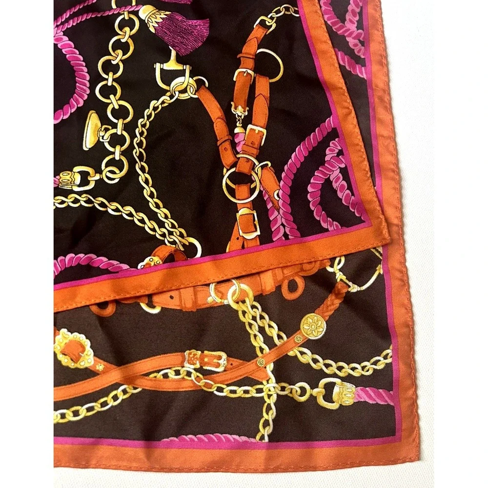 100% Silk Scarf Long Retangular Equestrian Themed Belt Chain Tassel Print